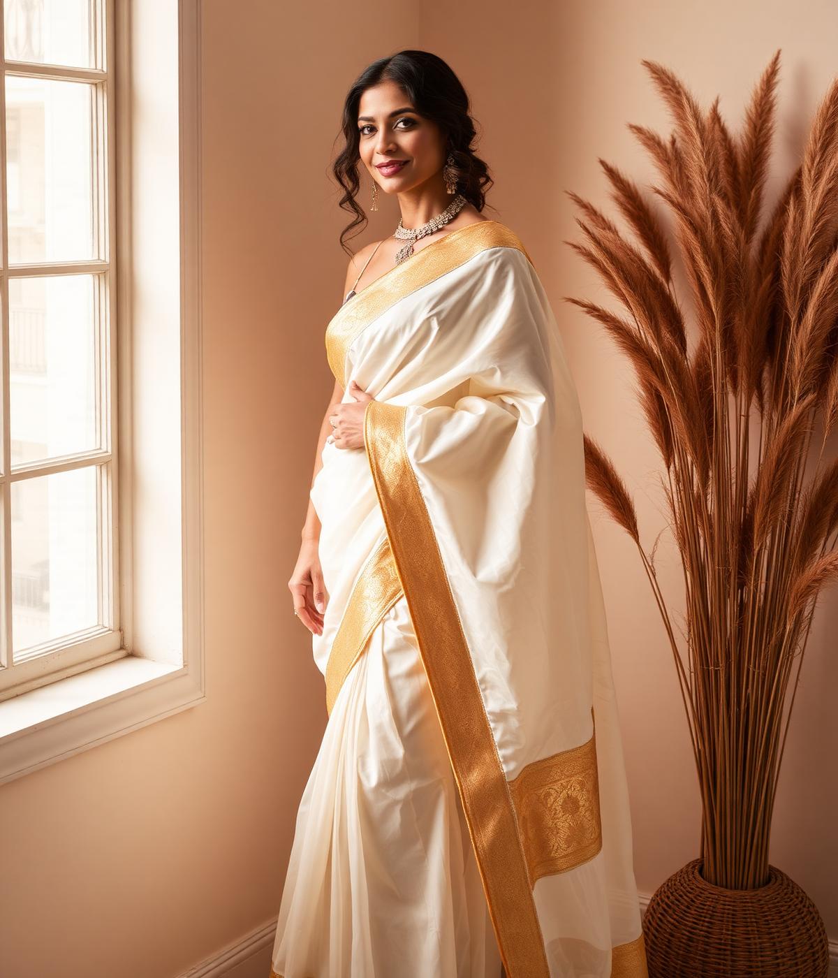 Woman in an ivory and gold saree in soft window light